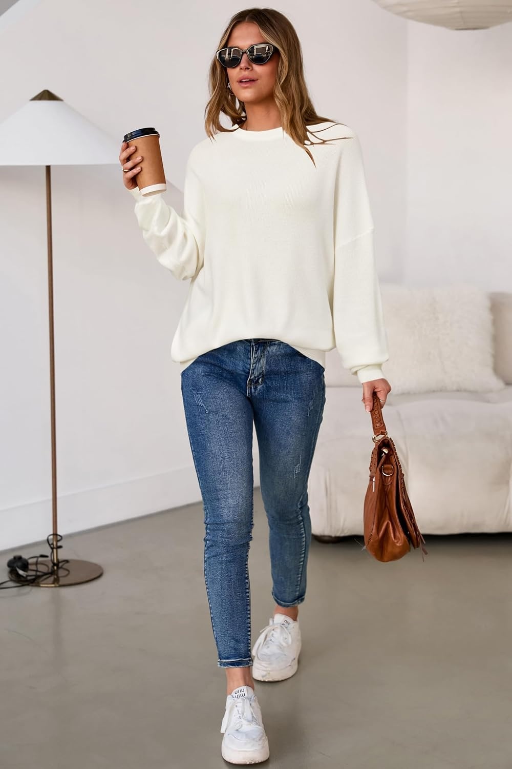 image:imageArachampCloz Womens Wool Blend Oversized Crewneck Fall Casual Sweater Long Sleeve Antipilling WrinkleResistant Business Casual Work Top Teacher Outfits Fashion 2026Cream