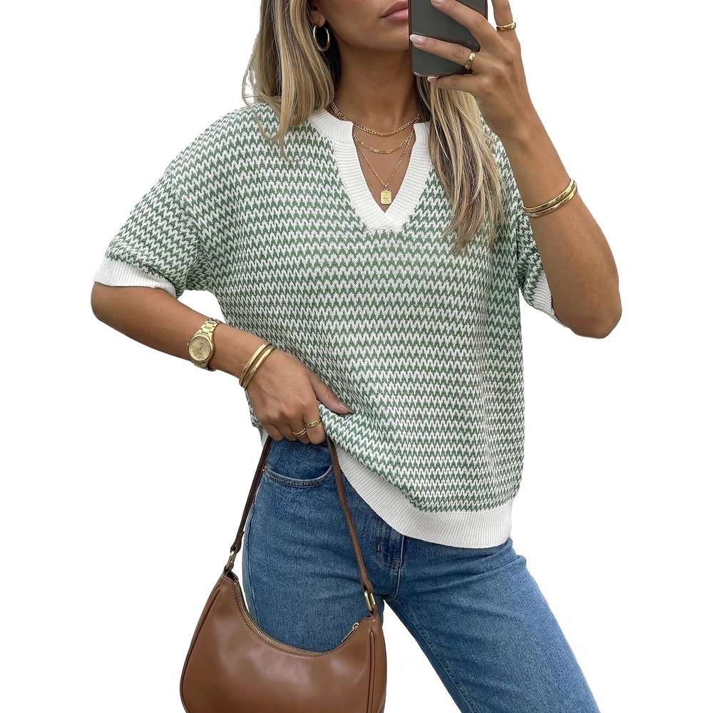 image:imageArachampCloz Womens Polo Striped Long Sleeve Casual Sweaters Breathable Tops 100 Cotton Lightweight Knit V Neck Pullover Relaxed Fit WorkampBusiness Casual Outfits Fashion Clothing Summer Fall 2026Green