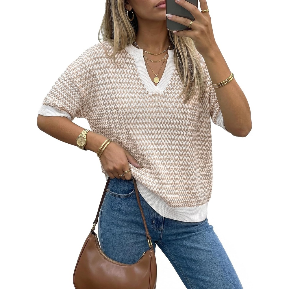 image:imageArachampCloz Womens Polo Striped Long Sleeve Casual Sweaters Breathable Tops 100 Cotton Lightweight Knit V Neck Pullover Relaxed Fit WorkampBusiness Casual Outfits Fashion Clothing Summer Fall 2026Khaki