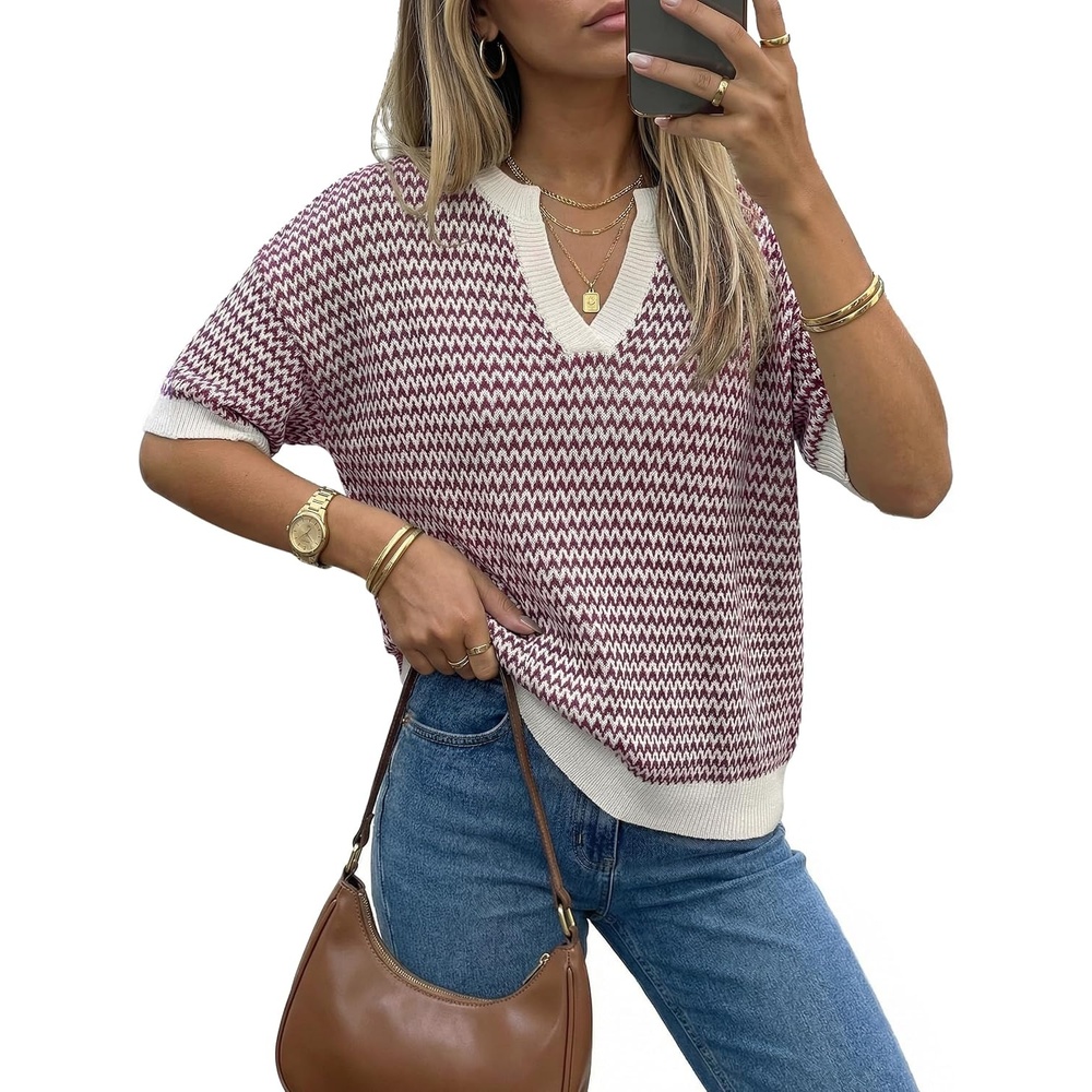 image:imageArachampCloz Womens Polo Striped Long Sleeve Casual Sweaters Breathable Tops 100 Cotton Lightweight Knit V Neck Pullover Relaxed Fit WorkampBusiness Casual Outfits Fashion Clothing Summer Fall 2026Dark Red