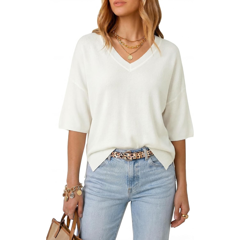 image:imageArachampCloz Womens Wool Blend Elbow Sleeve Summer Oversized Casual Sweater Versatile Fall Layering Soft AntipillingOffwhite