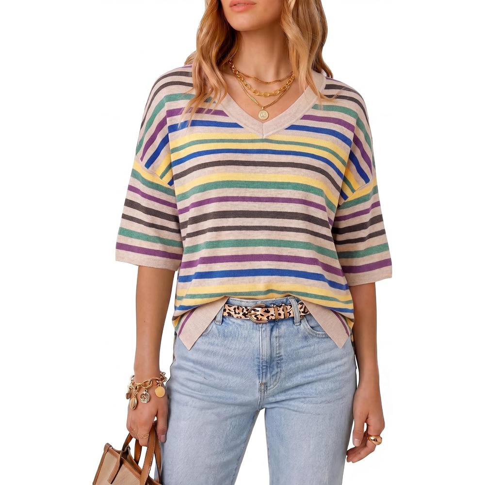 image:imageArachampCloz Womens Wool Blend Elbow Sleeve Summer Oversized Casual Sweater Versatile Fall Layering Soft AntipillingRainbow Striped 01