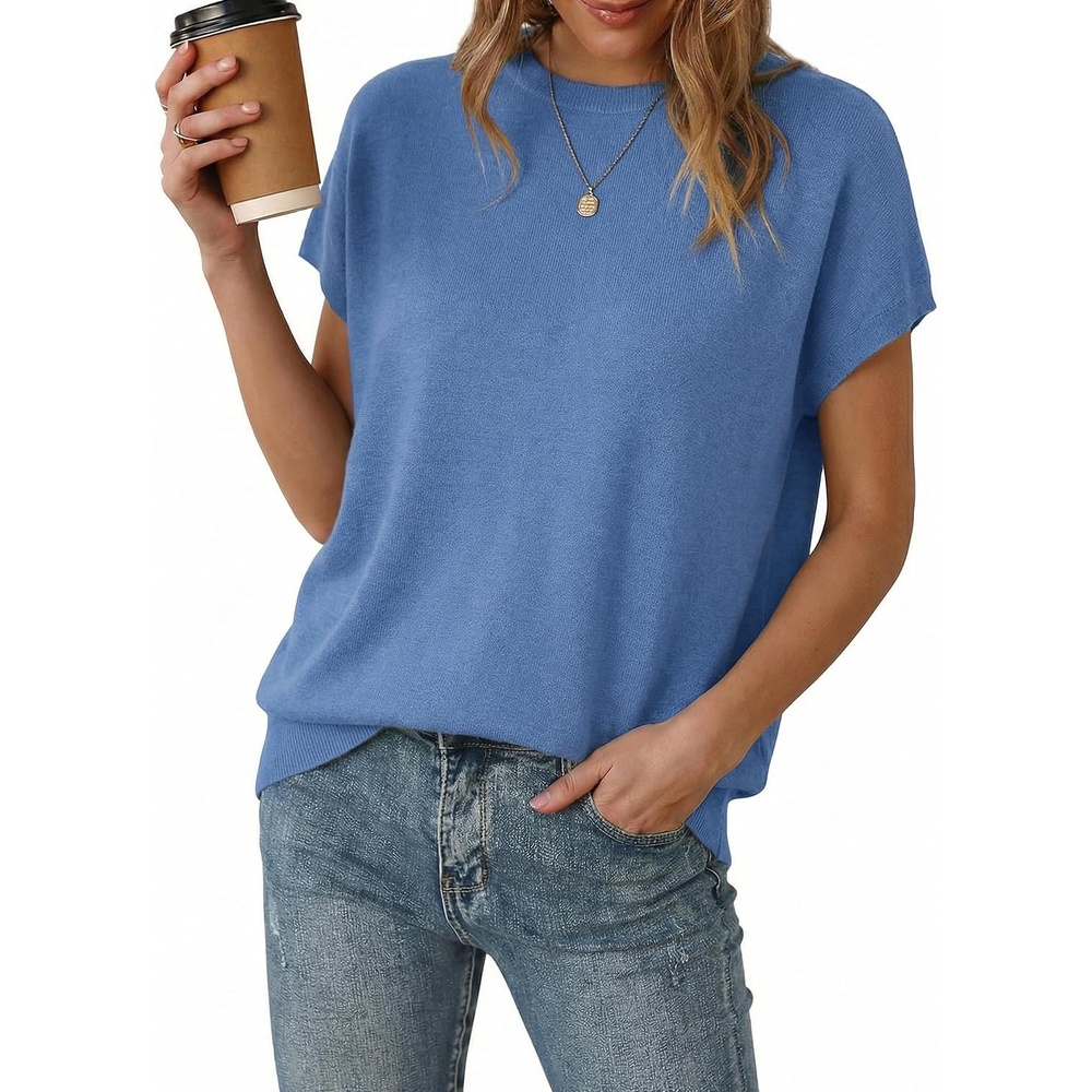 image:imageArachampCloz Womens Wool Blend Oversized Cap Sleeve Summer Casual Sweater Short Sleeve Sweater Stretchy amp Lightweight Capsule Wardrobe Teacher Outfits Business Casual Tops Solo amp Layer OutfitsLake Blue