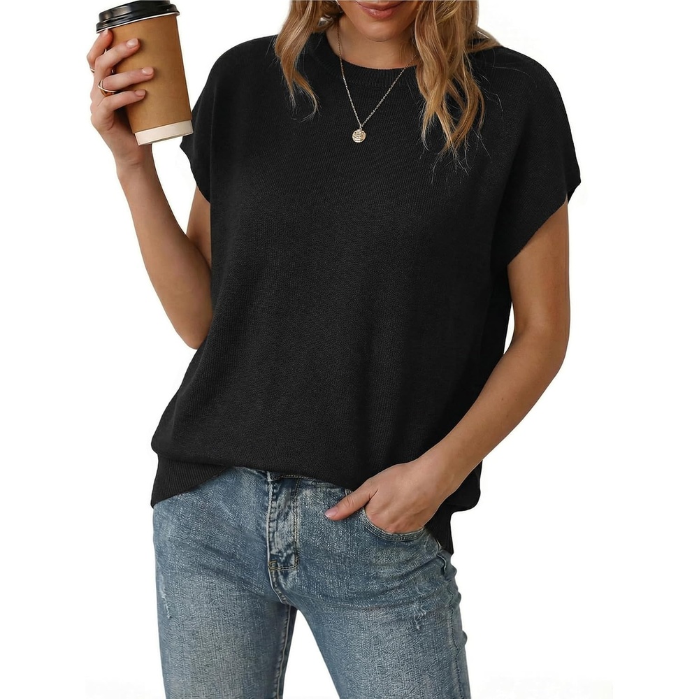 image:imageArachampCloz Womens Wool Blend Oversized Cap Sleeve Summer Casual Sweater Short Sleeve Sweater Stretchy amp Lightweight Capsule Wardrobe Teacher Outfits Business Casual Tops Solo amp Layer OutfitsBlack