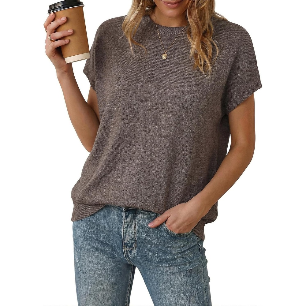 image:imageArachampCloz Womens Wool Blend Oversized Cap Sleeve Summer Casual Sweater Short Sleeve Sweater Stretchy amp Lightweight Capsule Wardrobe Teacher Outfits Business Casual Tops Solo amp Layer OutfitsCoffee