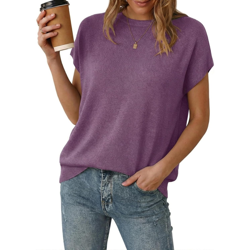 image:imageArachampCloz Womens Wool Blend Oversized Cap Sleeve Summer Casual Sweater Short Sleeve Sweater Stretchy amp Lightweight Capsule Wardrobe Teacher Outfits Business Casual Tops Solo amp Layer OutfitsPurple
