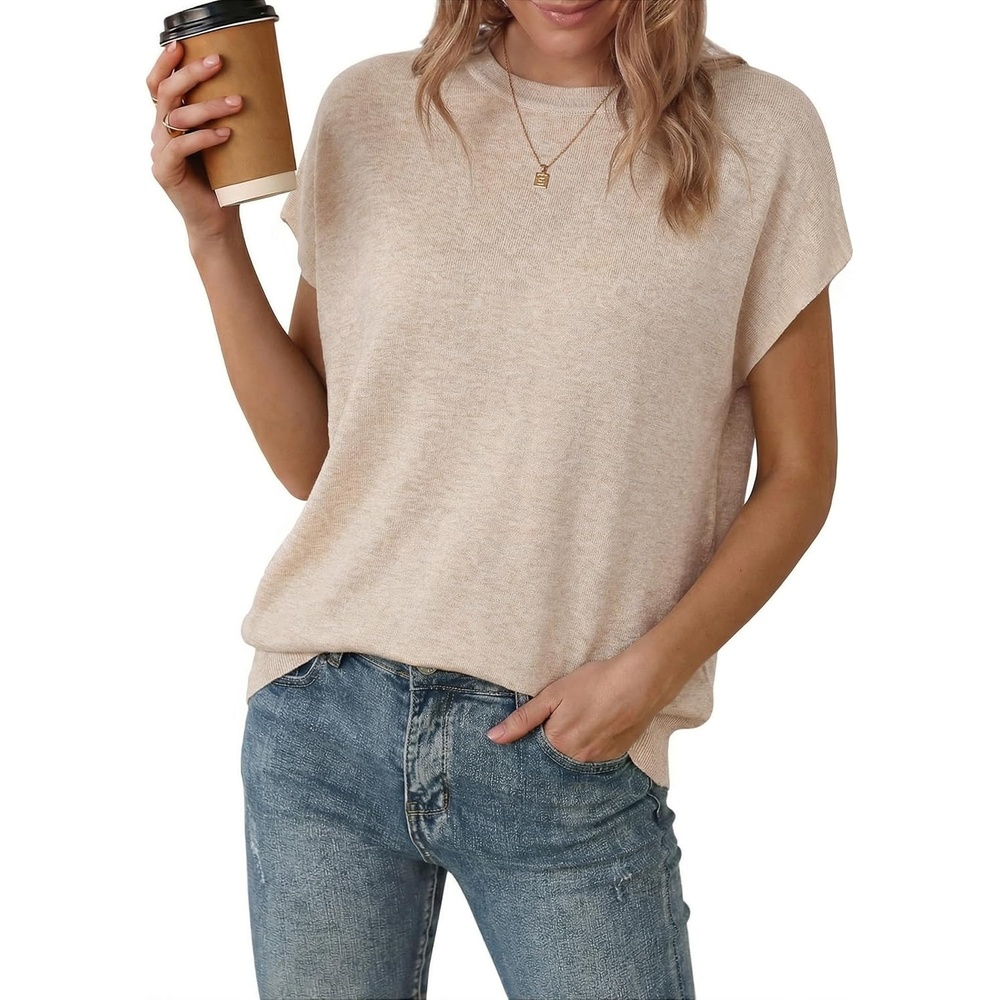 image:imageArachampCloz Womens Wool Blend Oversized Cap Sleeve Summer Casual Sweater Short Sleeve Sweater Stretchy amp Lightweight Capsule Wardrobe Teacher Outfits Business Casual Tops Solo amp Layer OutfitsApricot