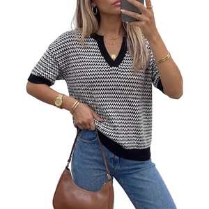 Arach&Cloz Women’s Polo Striped Long Sleeve Casual Sweaters Breathable Tops | 100% Cotton, Lightweight Knit, V Neck Pullover, Relaxed Fit, Work&Business Casual Outfits, Fashion Clothing, Summer Fall 2026(Black 02)