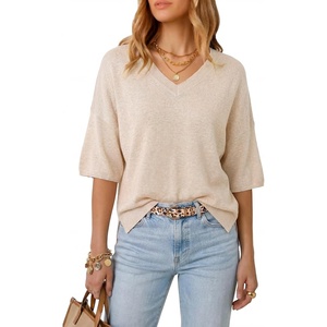 Arach&Cloz Women’s Wool Blend Elbow Sleeve Summer Oversized Casual Sweater | Versatile, Fall Layering Soft, Anti-pilling(Apricot)