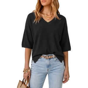 Arach&Cloz Women’s Wool Blend Elbow Sleeve Summer Oversized Casual Sweater | Versatile, Fall Layering Soft, Anti-pilling(Black)