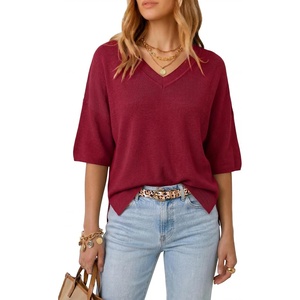 Arach&Cloz Women’s Wool Blend Elbow Sleeve Summer Oversized Casual Sweater | Versatile, Fall Layering Soft, Anti-pilling(Burgundy)