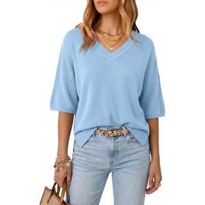 Arach&Cloz Women’s Wool Blend Elbow Sleeve Summer Oversized Casual Sweater | Versatile, Fall Layering Soft, Anti-pilling(Light Blue)