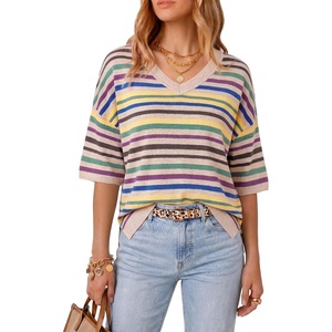 Arach&Cloz Women’s Wool Blend Elbow Sleeve Summer Oversized Casual Sweater | Versatile, Fall Layering Soft, Anti-pilling(Rainbow Striped 01)