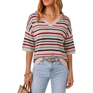 Arach&Cloz Women’s Wool Blend Elbow Sleeve Summer Oversized Casual Sweater | Versatile, Fall Layering Soft, Anti-pilling(Rainbow Striped 02)