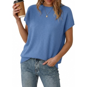 Arach&Cloz Women’s Wool Blend Oversized Cap Sleeve Summer Casual Sweater | Short Sleeve Sweater, Stretchy & Lightweight, Capsule Wardrobe, Teacher Outfits, Business Casual Tops, Solo & Layer Outfits(Lake Blue)