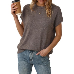 Arach&Cloz Women’s Wool Blend Oversized Cap Sleeve Summer Casual Sweater | Short Sleeve Sweater, Stretchy & Lightweight, Capsule Wardrobe, Teacher Outfits, Business Casual Tops, Solo & Layer Outfits(Coffee)