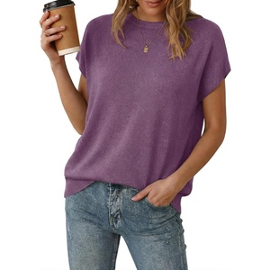 Arach&Cloz Women’s Wool Blend Oversized Cap Sleeve Summer Casual Sweater | Short Sleeve Sweater, Stretchy & Lightweight, Capsule Wardrobe, Teacher Outfits, Business Casual Tops, Solo & Layer Outfits(Purple)