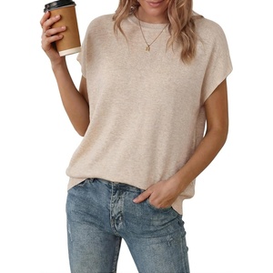 Arach&Cloz Women’s Wool Blend Oversized Cap Sleeve Summer Casual Sweater | Short Sleeve Sweater, Stretchy & Lightweight, Capsule Wardrobe, Teacher Outfits, Business Casual Tops, Solo & Layer Outfits(Apricot)