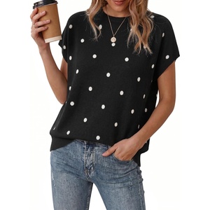 Arach&Cloz Women’s Wool Blend Oversized Cap Sleeve Summer Casual Sweater | Short Sleeve Sweater, Stretchy & Lightweight, Capsule Wardrobe, Teacher Outfits, Business Casual Tops, Solo & Layer Outfits(Polka Dot-black)