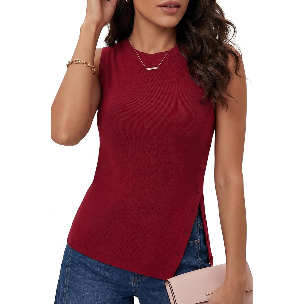 image:imageArachampCloz Womens Wool Blend SideButton Slit Summer Casual Sweater TanksBurgundy Red