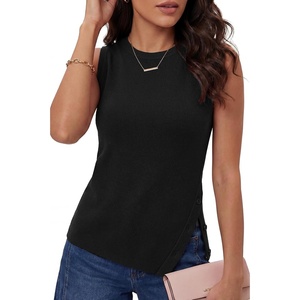 Arach&Cloz Women’s Wool Blend Side-Button Slit Summer Casual Sweater Tanks(Black)