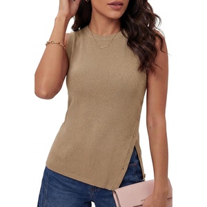 Arach&Cloz Women’s Wool Blend Side-Button Slit Summer Casual Sweater Tanks(Camel)