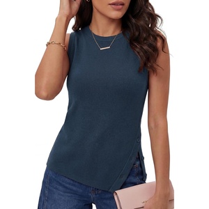 Arach&Cloz Women’s Wool Blend Side-Button Slit Summer Casual Sweater Tanks(Dark Blue)