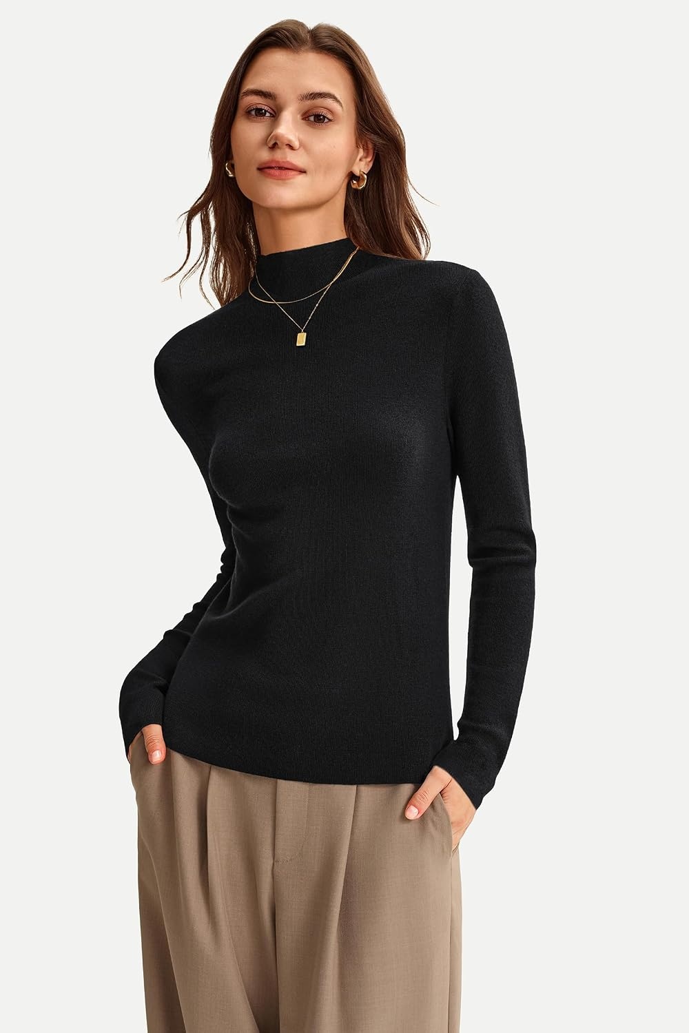 image:imageArachampCloz Womens 100 Merino Wool Long Sleeve Mock Neck Sweater Work Fall Machine Washable Luxury Fabric LightweightampEasy Care Natural Warmth Work Essential Business Casual Fall Winter 2026Black