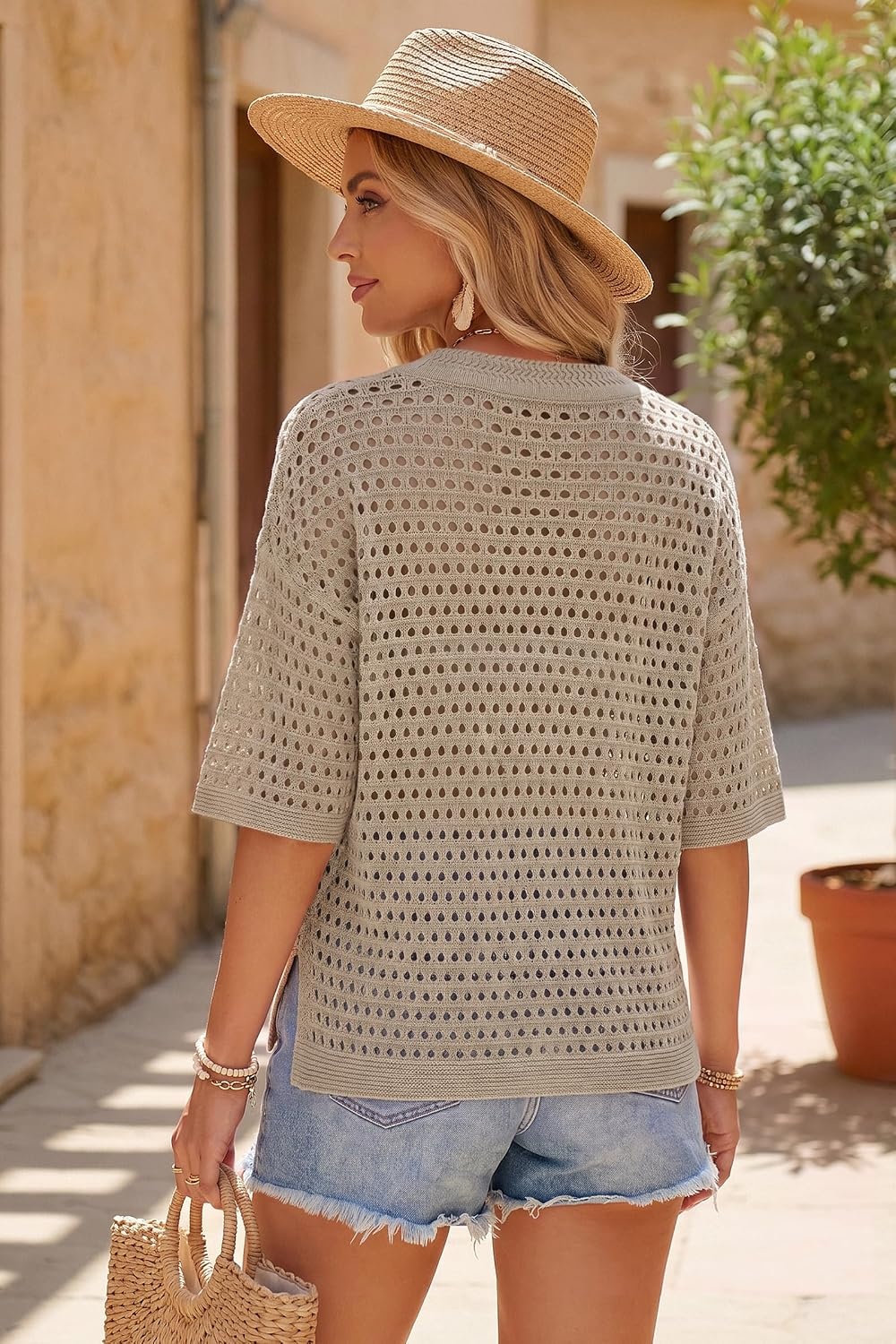 image:imageArachampCloz Womens Linen Blend Oversized Hollow Out Summer Crochet Tops Lightweight amp Breathable Short Sleeves Boho Tops Solid amp Striped Loose Fit Beach Cover Ups Cruise Outfits VacationApricot