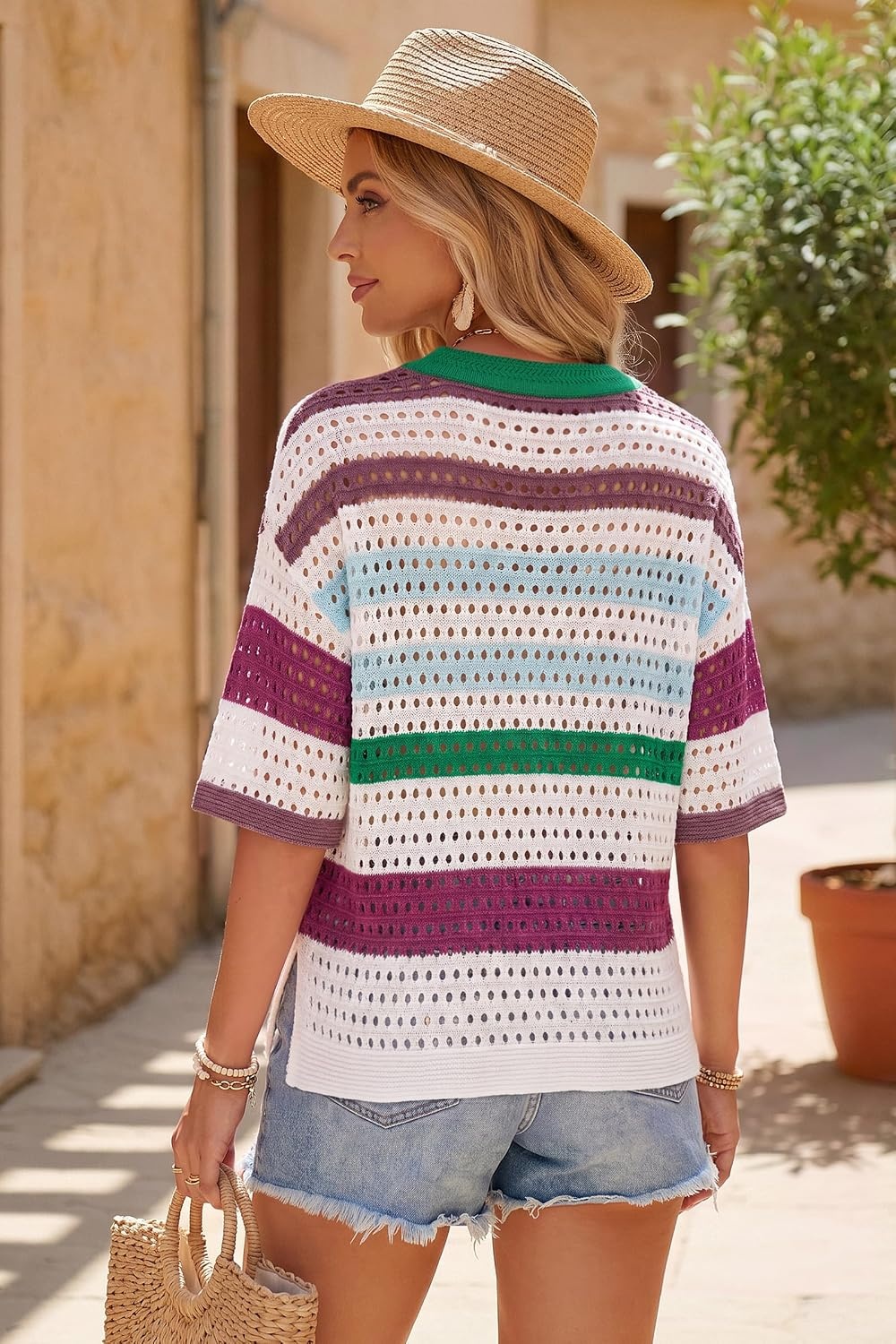 image:imageArachampCloz Womens Linen Blend Oversized Hollow Out Summer Crochet Tops Lightweight amp Breathable Short Sleeves Boho Tops Solid amp Striped Loose Fit Beach Cover Ups Cruise Outfits VacationStriped Green White