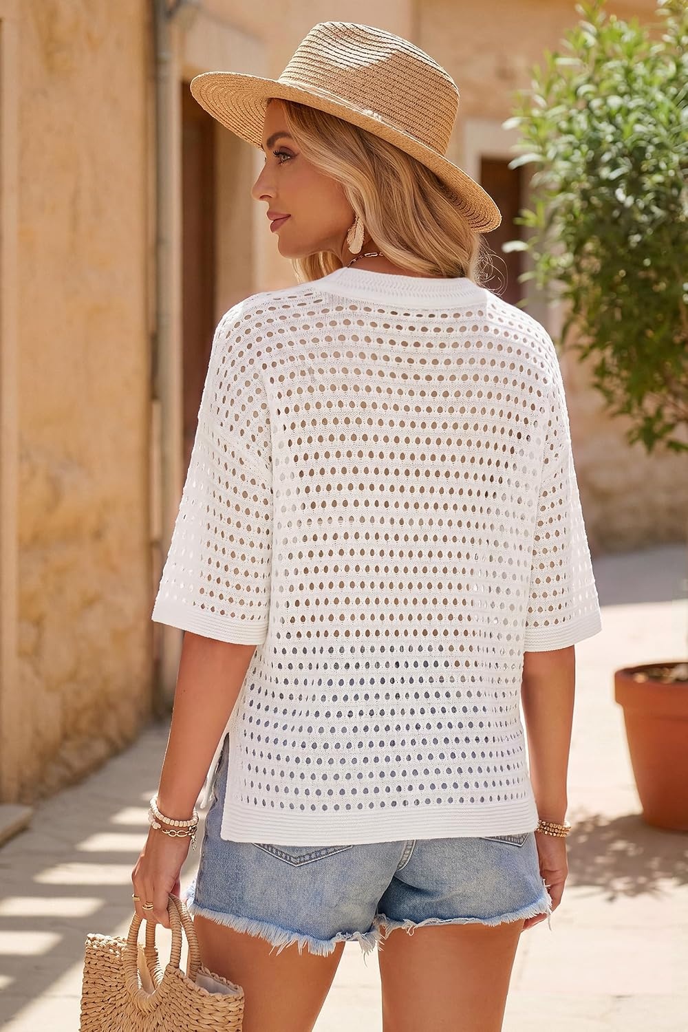 image:imageArachampCloz Womens Linen Blend Oversized Hollow Out Summer Crochet Tops Lightweight amp Breathable Short Sleeves Boho Tops Solid amp Striped Loose Fit Beach Cover Ups Cruise Outfits VacationWhite