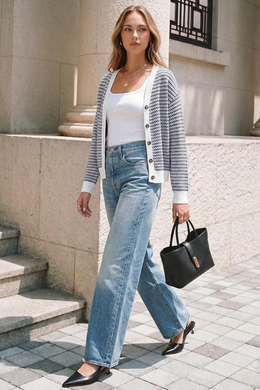 image:imageArachampCloz Womens V Neck Button Front Striped Casual Fall Cardigan Sweater 100 Cotton Lightweight amp Breathable Long Sleeve Top Relaxed Fit Everyday Essential Business Casual Office WorkNavy