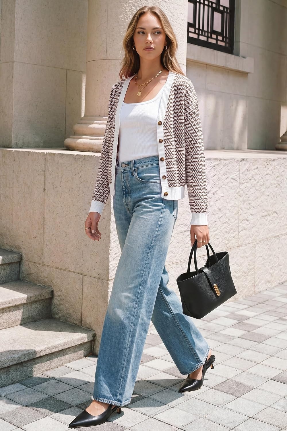 image:imageArachampCloz Womens V Neck Button Front Striped Casual Fall Cardigan Sweater 100 Cotton Lightweight amp Breathable Long Sleeve Top Relaxed Fit Everyday Essential Business Casual Office WorkBrown