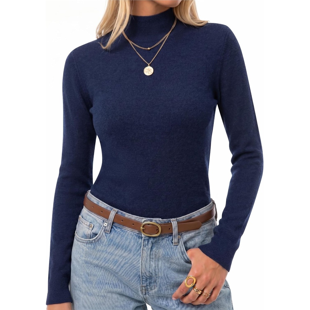 image:imageArachampCloz Womens 100 Merino Wool Long Sleeve Mock Neck Sweater Work Fall Machine Washable Luxury Fabric LightweightampEasy Care Natural Warmth Work Essential Business Casual Fall Winter 2026Navy Blue
