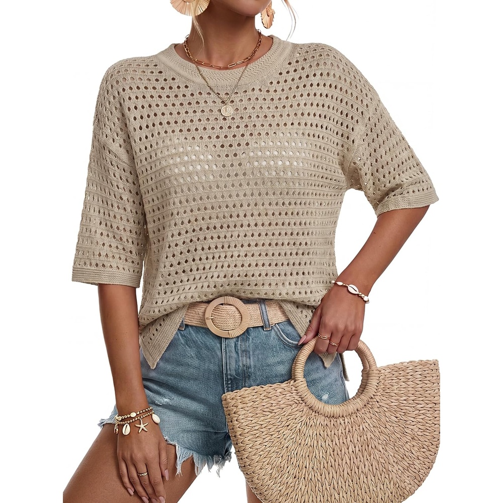image:imageArachampCloz Womens Linen Blend Oversized Hollow Out Summer Crochet Tops Lightweight amp Breathable Short Sleeves Boho Tops Solid amp Striped Loose Fit Beach Cover Ups Cruise Outfits VacationApricot