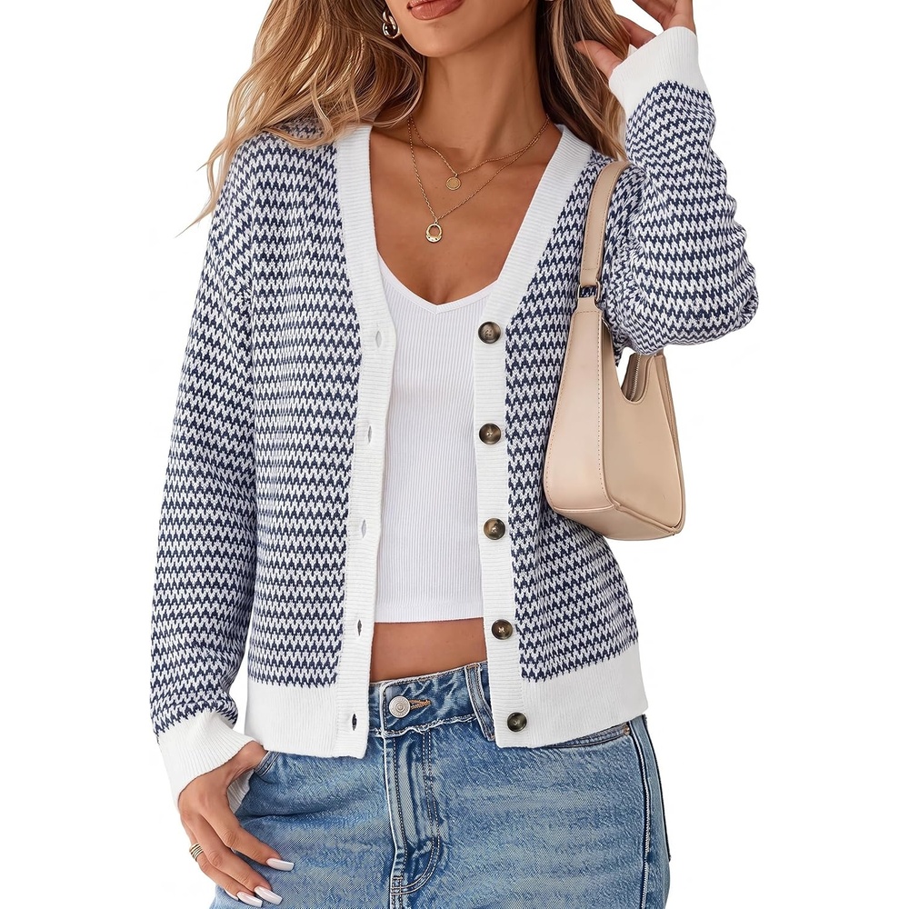 image:imageArachampCloz Womens V Neck Button Front Striped Casual Fall Cardigan Sweater 100 Cotton Lightweight amp Breathable Long Sleeve Top Relaxed Fit Everyday Essential Business Casual Office WorkNavy