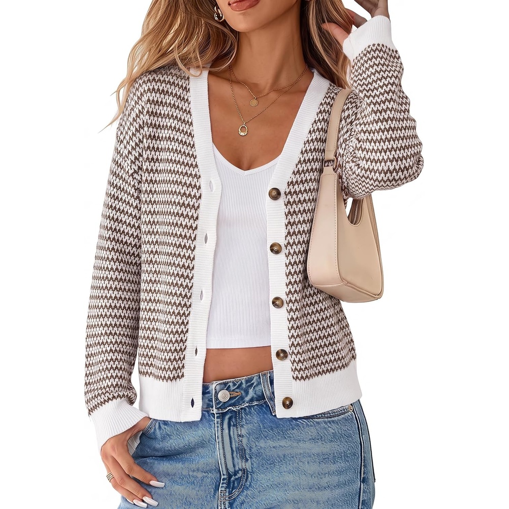 image:imageArachampCloz Womens V Neck Button Front Striped Casual Fall Cardigan Sweater 100 Cotton Lightweight amp Breathable Long Sleeve Top Relaxed Fit Everyday Essential Business Casual Office WorkBrown