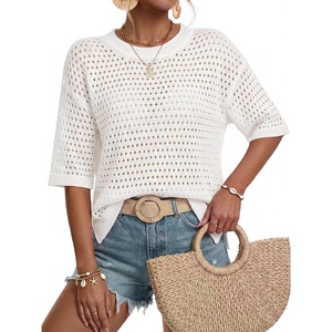 Arach&Cloz Women’s Linen Blend Oversized Hollow Out Summer Crochet Tops | Lightweight & Breathable, Short Sleeves, Boho Tops, Solid & Striped, Loose Fit, Beach Cover Ups, Cruise Outfits, Vacation(White)