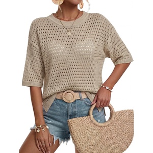 Arach&Cloz Women’s Linen Blend Oversized Hollow Out Summer Crochet Tops | Lightweight & Breathable, Short Sleeves, Boho Tops, Solid & Striped, Loose Fit, Beach Cover Ups, Cruise Outfits, Vacation(Apricot)