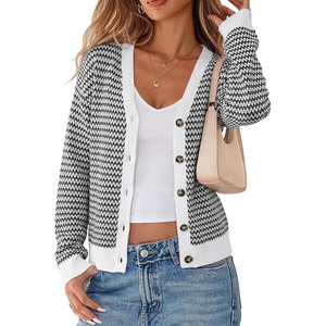 Arach&Cloz Women’s V Neck Button Front Striped Casual Fall Cardigan Sweater | 100% Cotton, Lightweight & Breathable, Long Sleeve Top, Relaxed Fit, Everyday Essential, Business Casual, Office Work(Black)