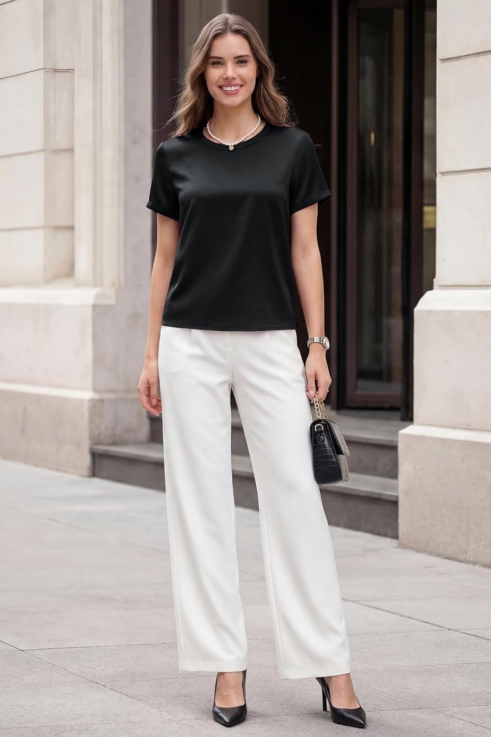 image:imageArachampCloz Womens Acetate Blend Satin Casual Blouse Crew Neck Loose Fit Ladies TopsBlack