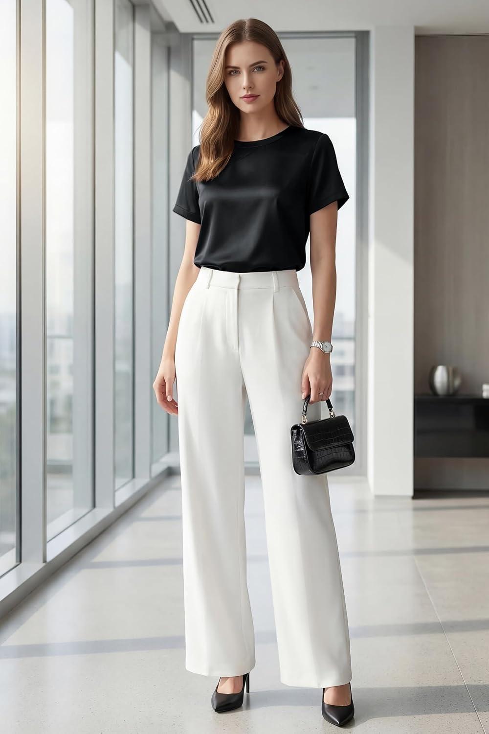 image:imageArachampCloz Womens Acetate Blend Satin Casual Blouse Crew Neck Loose Fit Ladies TopsBlack