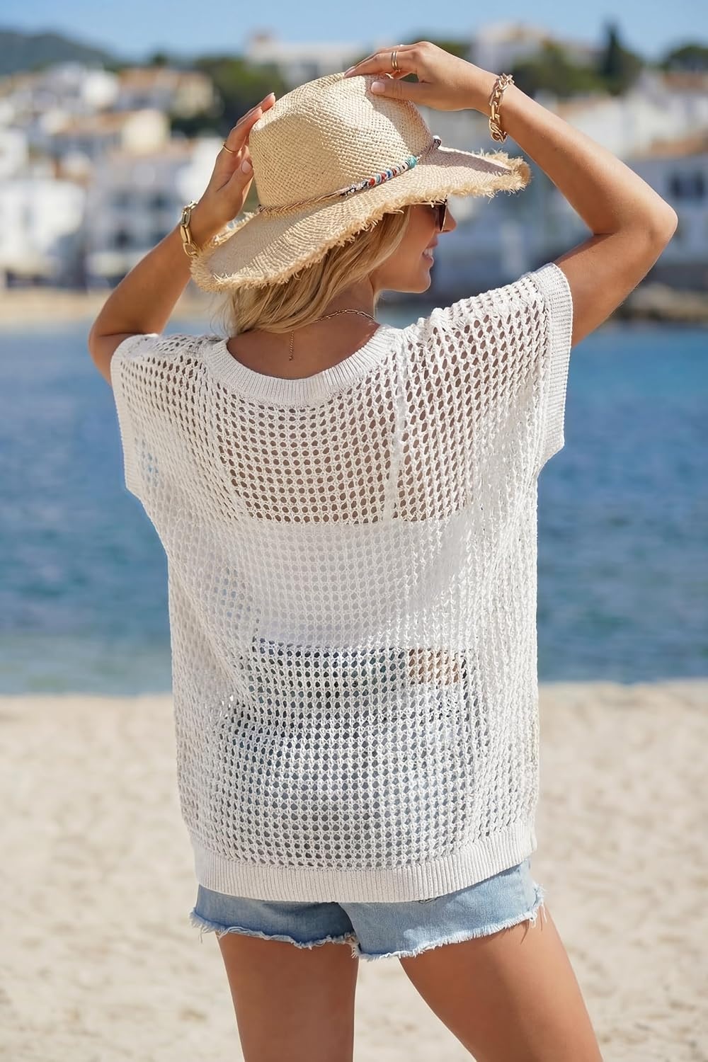 image:imageArachampCloz Womens Cotton Oversized Short Sleeve Sweater Crochet Tops Off Shoulder Resort Wear Beach Cover Up Summer 2026White