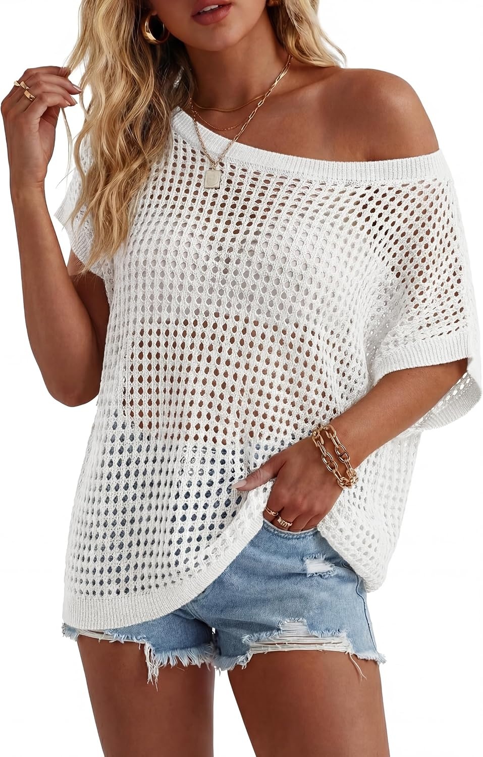 image:imageArachampCloz Womens Cotton Oversized Short Sleeve Sweater Crochet Tops Off Shoulder Resort Wear Beach Cover Up Summer 2026White