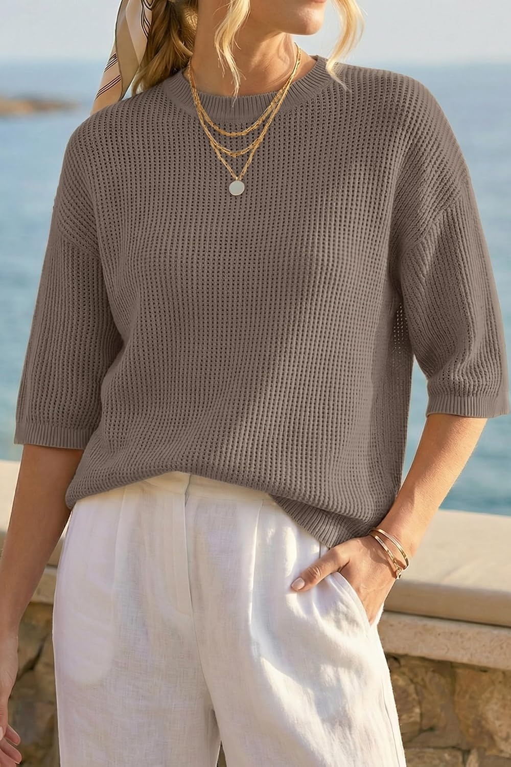 image:imageArachampCloz Womens Oversized 34 Sleeve Crochet Tops Summer Casual Sweater 100 Cotton Tops SoftampLightweight Short Sleeve Hollow Out Casual Vacation outfits Fathion Clothing Summer Fall 2026Coffee