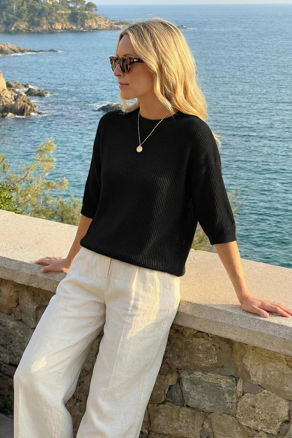 image:imageArachampCloz Womens Oversized 34 Sleeve Crochet Tops Summer Casual Sweater 100 Cotton Tops SoftampLightweight Short Sleeve Hollow Out Casual Vacation outfits Fathion Clothing Summer Fall 2026Black