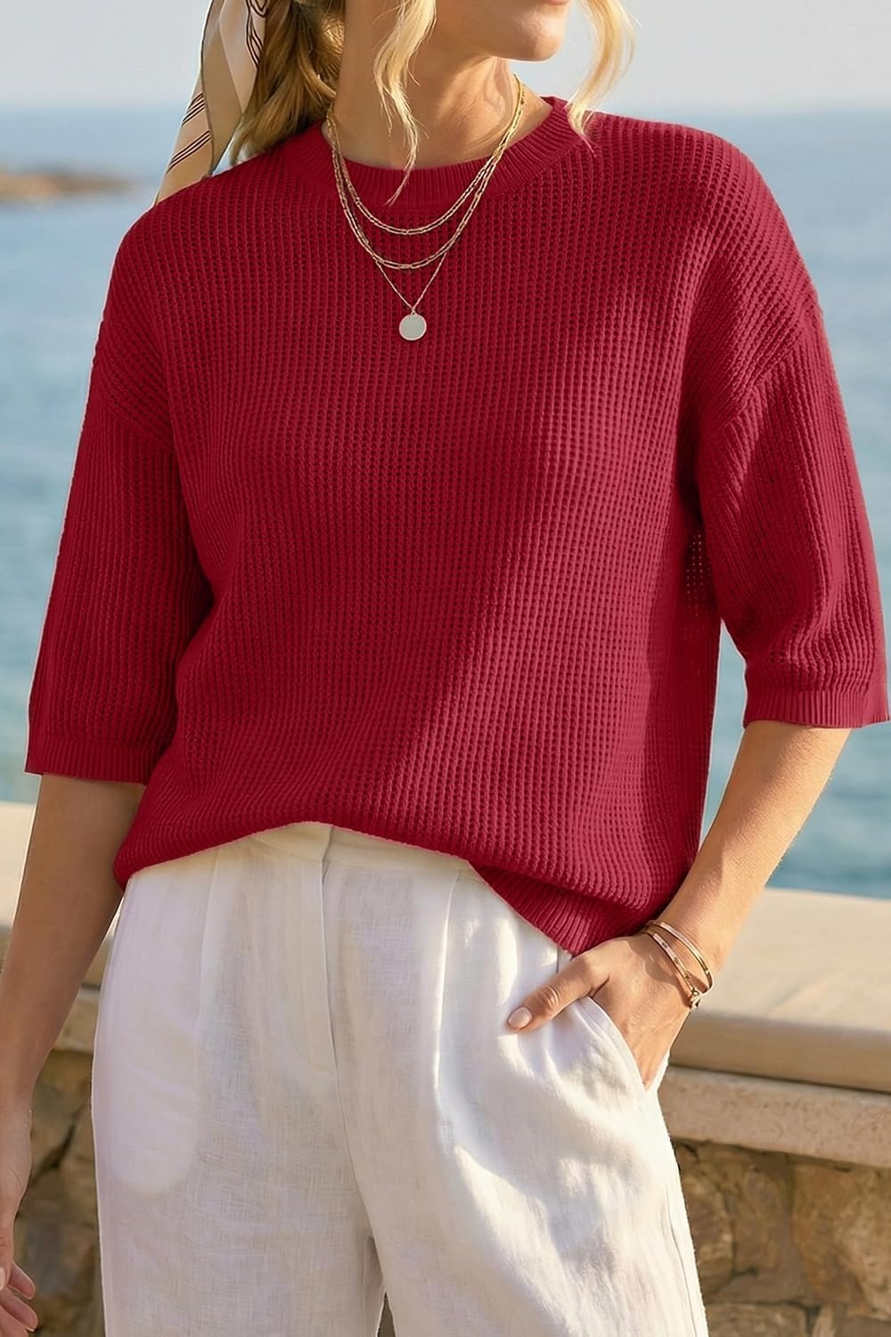 image:imageArachampCloz Womens Oversized 34 Sleeve Crochet Tops Summer Casual Sweater 100 Cotton Tops SoftampLightweight Short Sleeve Hollow Out Casual Vacation outfits Fathion Clothing Summer Fall 2026Red