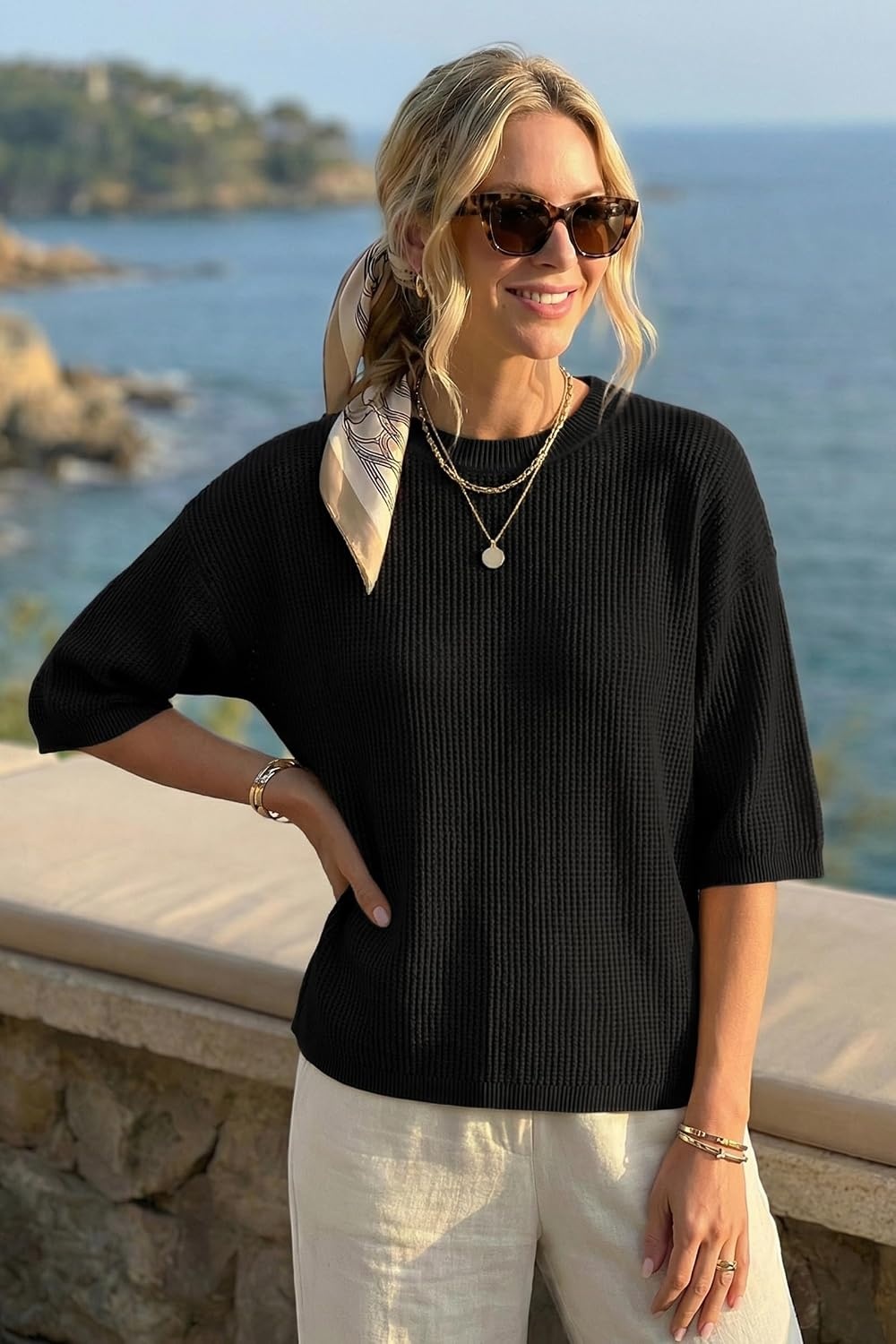 image:imageArachampCloz Womens Oversized 34 Sleeve Crochet Tops Summer Casual Sweater 100 Cotton Tops SoftampLightweight Short Sleeve Hollow Out Casual Vacation outfits Fathion Clothing Summer Fall 2026Black