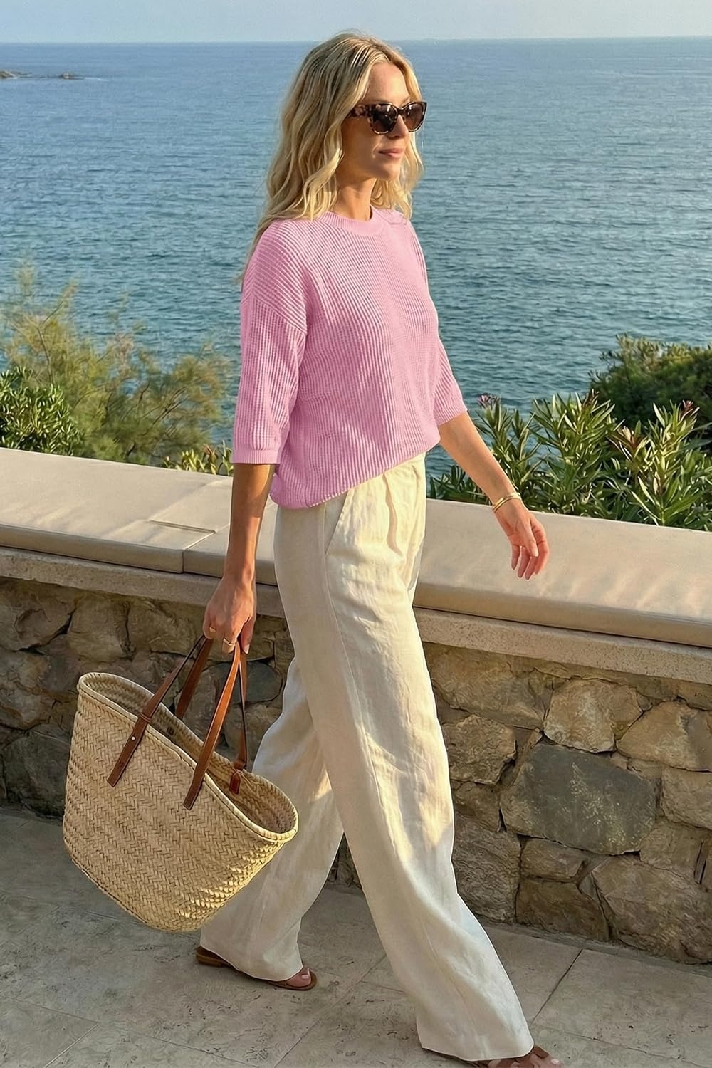 image:imageArachampCloz Womens Oversized 34 Sleeve Crochet Tops Summer Casual Sweater 100 Cotton Tops SoftampLightweight Short Sleeve Hollow Out Casual Vacation outfits Fathion Clothing Summer Fall 2026Light Pink