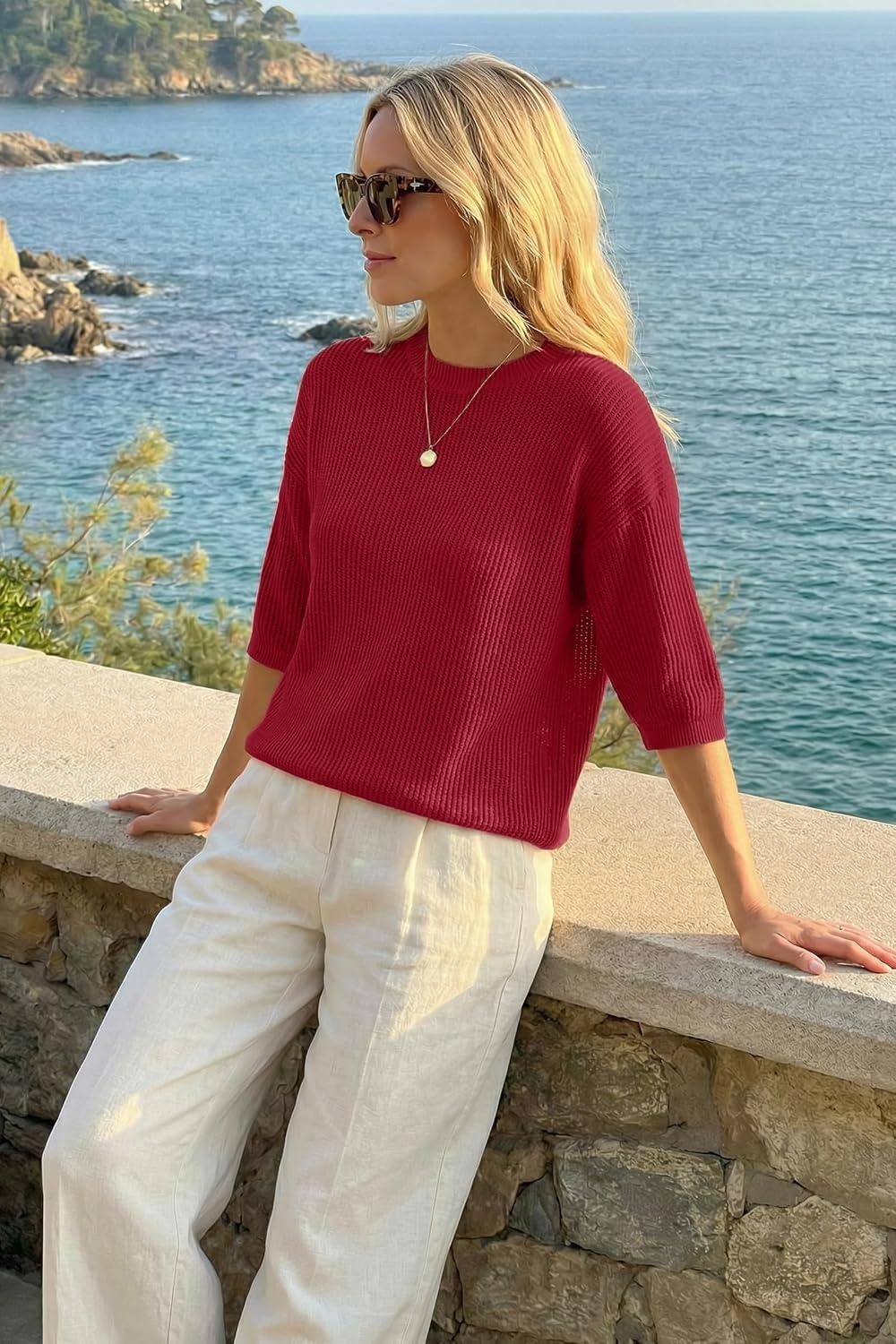 image:imageArachampCloz Womens Oversized 34 Sleeve Crochet Tops Summer Casual Sweater 100 Cotton Tops SoftampLightweight Short Sleeve Hollow Out Casual Vacation outfits Fathion Clothing Summer Fall 2026Red
